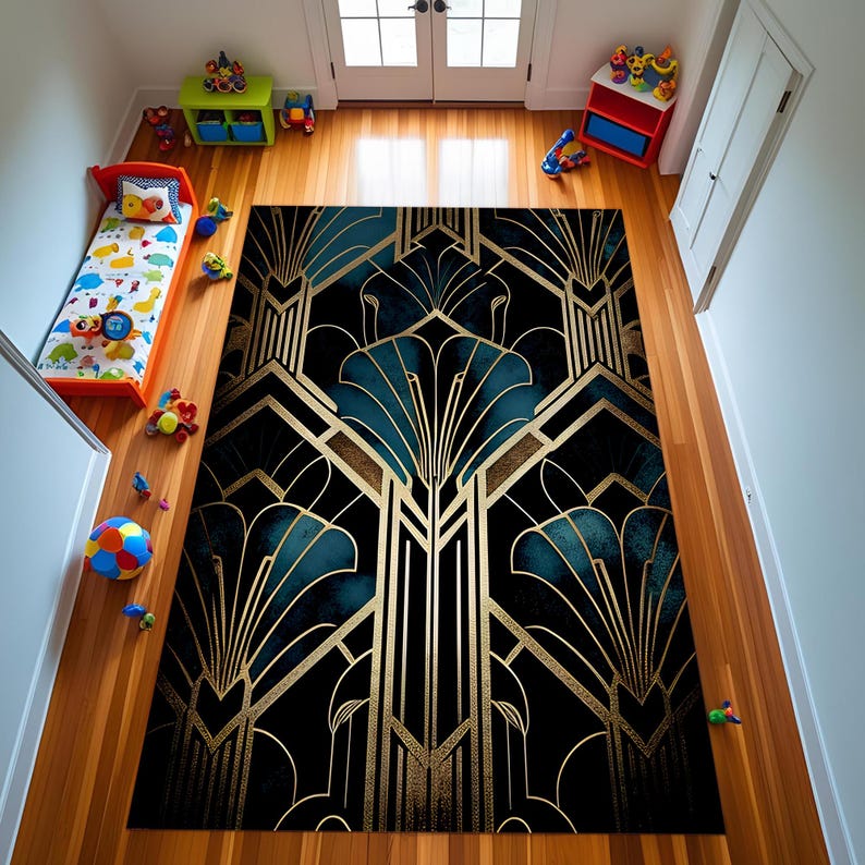 Black & Gold Art Deco Rug: Modern Geometric Area Rug, Art Deco Navy Rug ...
