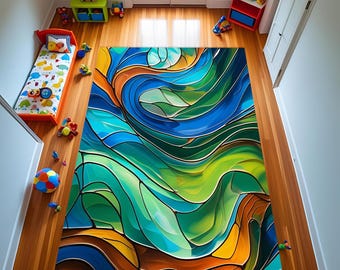 Abstract Multicolor Area Rug, Modern Velvet Kilim, Playroom Decor