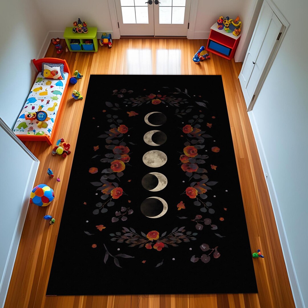 Moon Face Rug Floral Moon Phase Rug: Red & Black Velvet, Non-slip - Etsy