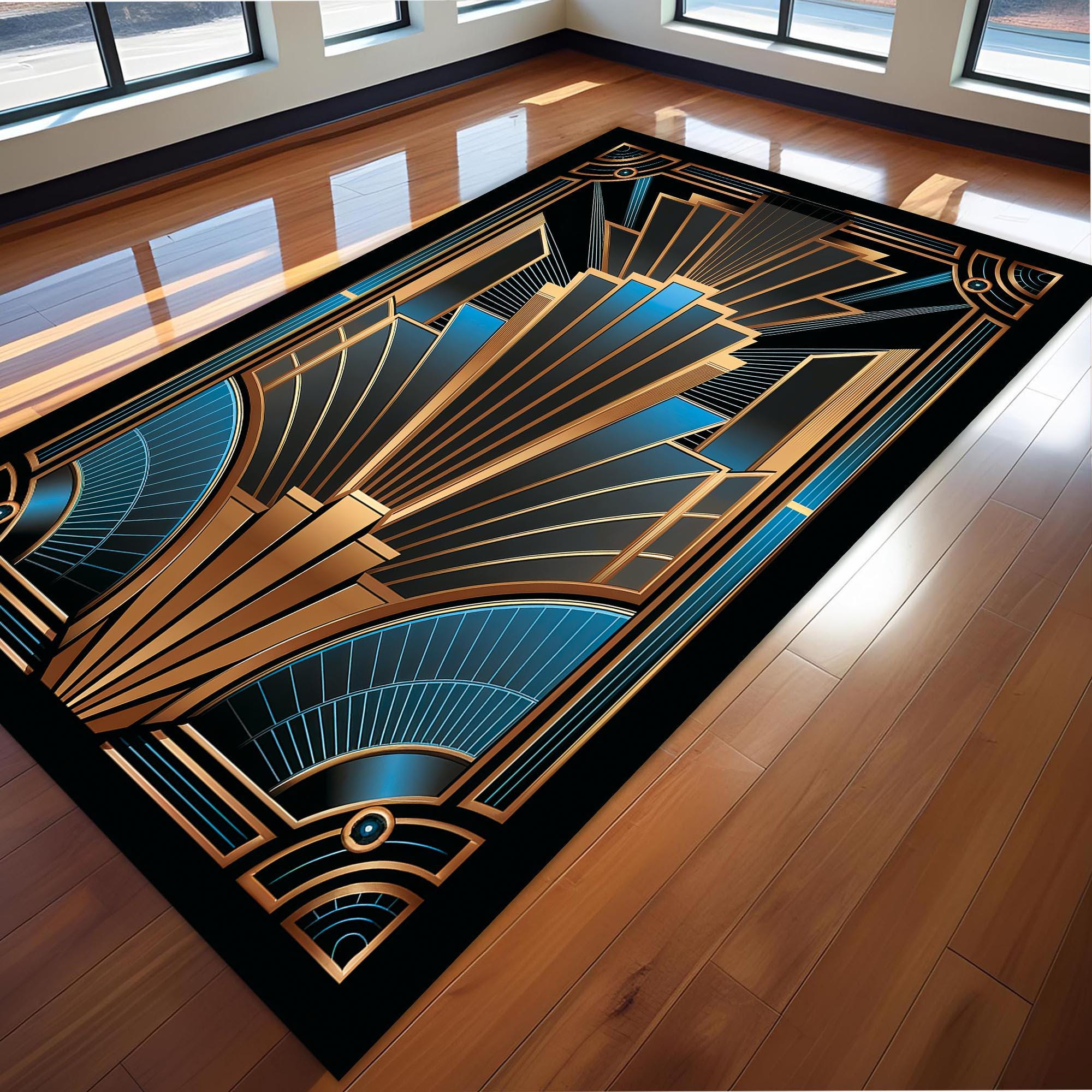 Art Deco Geometric Rug: Black, Gold & Blue Velvet Carpet - Etsy