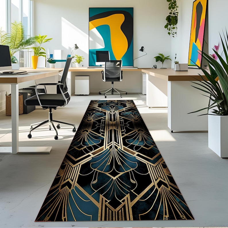 Desk Rug Pattern Art Deco Runner Rug: Blue, Gold & Black Geometric Velvet Rug - Etsy