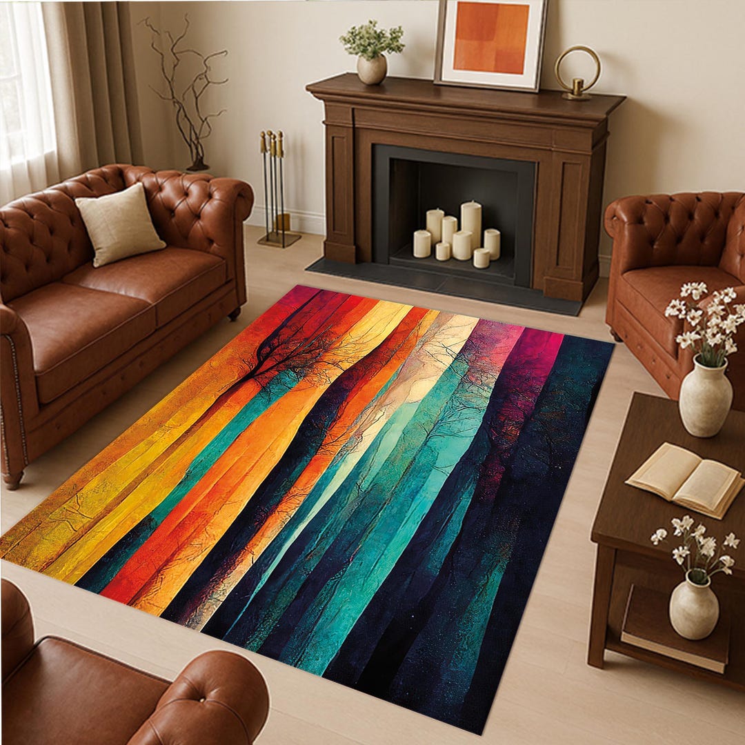 Abstract Tree Rug Abstract Forest Area Rug: Colorful Tree Design, Modern Kilim, Colorful ...