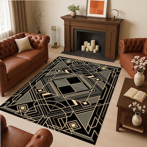 Sophisticated Modern Deco Style Rug, Opulent Retro Art Rug,Luxury Art Deco Rug, Glamorous Vintage Emerald Rug, Elegant Golden Geometric Rug