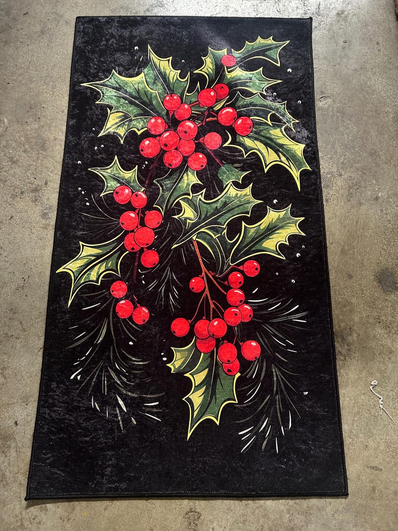 Christmas Holly Berry Rug: Festive Holiday Decor, Black Winter Carpet ...
