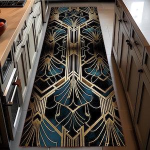 May include: A rectangular Art Deco style rug with a black background and teal and gold geometric patterns. The rug features stylized floral and fan-like shapes, creating a luxurious design. Suitable for a kitchen or hallway.