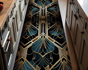 Art Deco Runner Rug: Blue, Gold & Black Geometric Velvet Rug