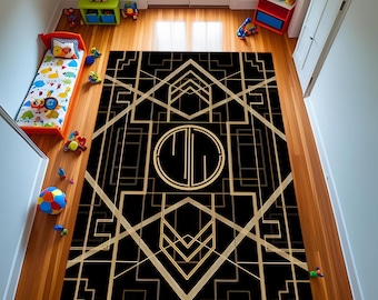 Black and Gold Art Deco Rug - Modern Salon Rug, Art Deco Gold Rug, Area Art Deco Rug, Black and Gold Area Rug, Art Deco Rug