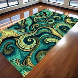 Green Abstract Landscape Rug: Earth Tone Wavy Modern Carpet