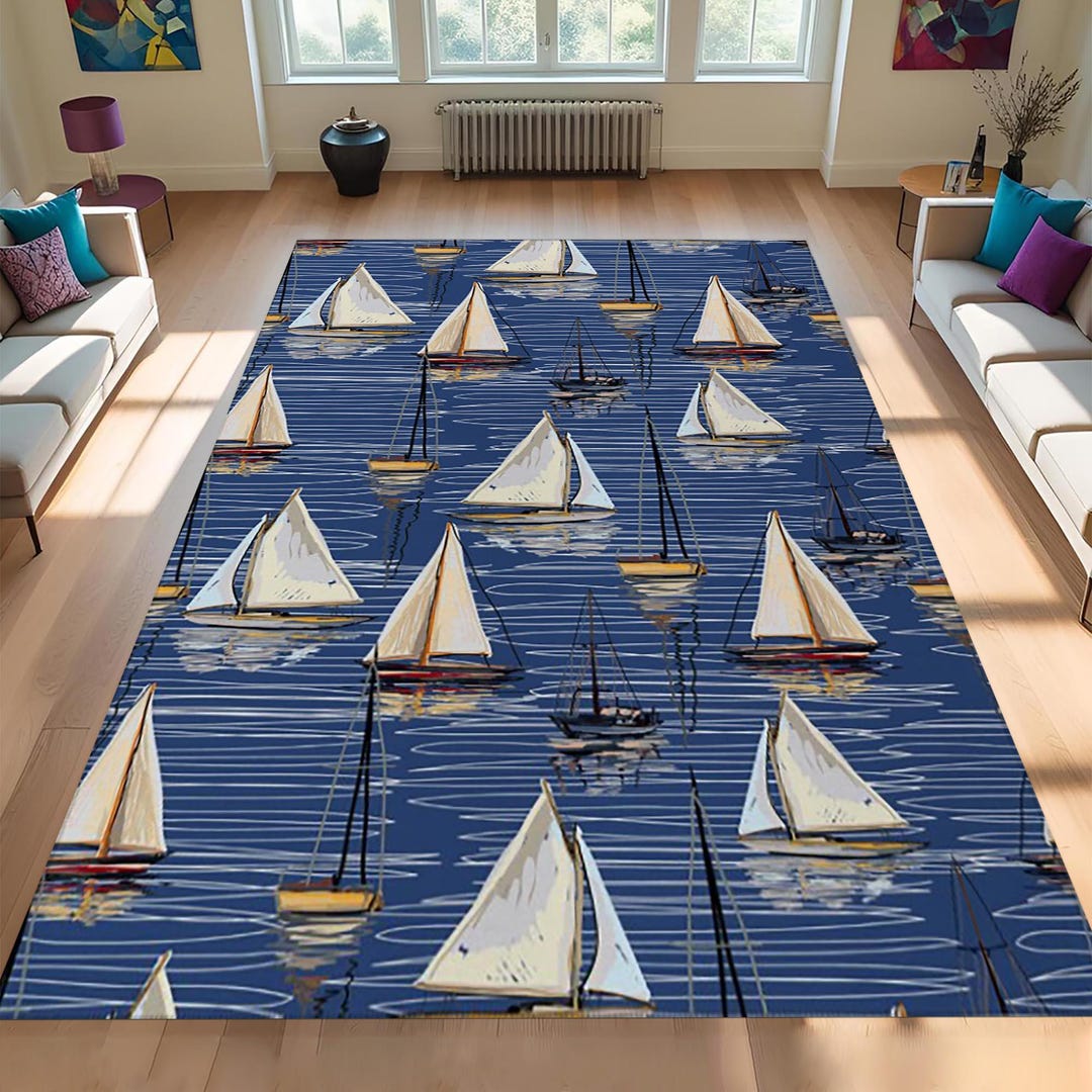 Blue Nautical Ship Rug, Coastal Yacht Decor, Non-slip Marine Area Rug ...