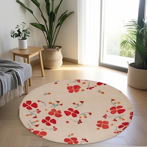 Floral Kilim Style Round Rug: Cream, Red & Orange - Non-Slip Velvet