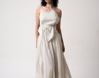 Ela Top Fog Gray and Ivory Stripe Elegant Cotton Top Flowing Handkerchief Hem, and Delicate Crisscross Open Back for Sophisticated Look