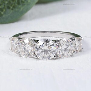Round Cut Moissanite Five Stone Ring, 925 Sterling Silver Wedding Band