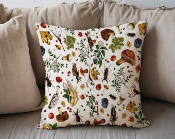 Funda de almohada con estampado botánico de hongos, decoración otoñal estilo cottagecore