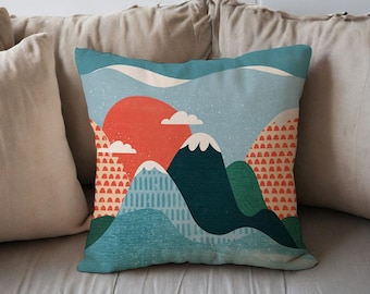 Funda de cojín con paisaje de montaña, diseño gráfico de sol y nubes, decoración moderna para sofá de cabina, regalo de inauguración de la casa para amantes de la naturaleza.