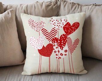 Red Hearts Throw Pillow Cover, Valentine's Day Decor, Cream Cotton Linen