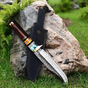 Handmade Damascus Survival Knife | Hunting & Camping Blade | Fixed Tactical Knife W/Leather Sheath | Gift for Men, Collectors, Outdoorsmen