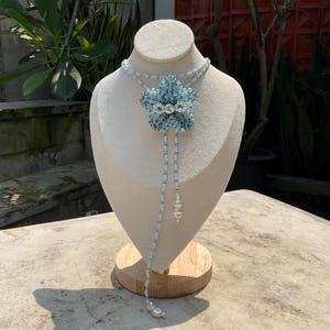 Blue Orchid Flower Beaded Necklace | Handmade Seed Bead Floral Lariat | Adjustable Pastel Choker | Cute Kawaii Statement Jewelry Gift Idea