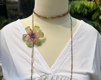 Green Lily Beaded Necklace: Handmade Cottagecore Flower Seed Bead Statement Jewelry with Pearl