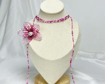 Handmade Beaded Necklace Pink Orchid Flower: Kawaii Adjustable Choker Gift for Her