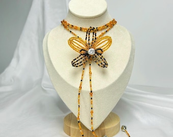 Handmade Beaded Necklace Tiger Orchid Flower: Bold Adjustable Seed Bead Lariat for Animal Lovers