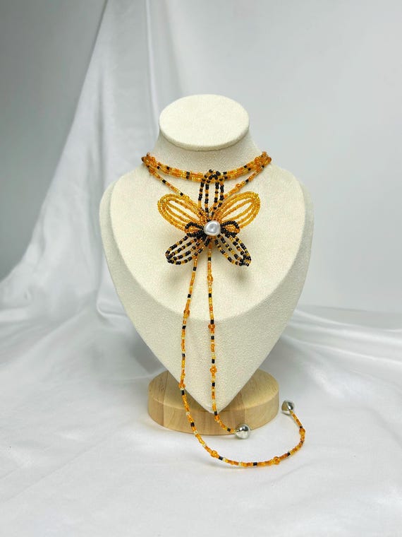 Handmade Beaded Necklace Tiger Orchid Flower: Bold Adjustable Seed Bead Lariat for Animal Lovers
