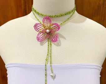 Handmade Beaded Necklace Pink Orchid Flower: Cottegecore Style Statement Jewelry