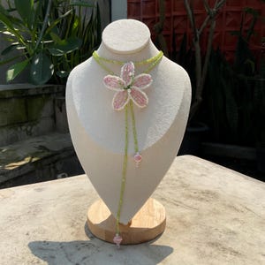 Handmade Lily Flower Beaded Necklace | Adjustable Cute Choker | Pink Green White Seed Bead Jewelry | Unique Floral Statement Summer Gift