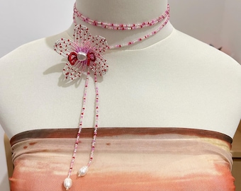 Beaded Orchid Flower Necklace: Handmade Seed Bead Choker Lariat Gift for Her