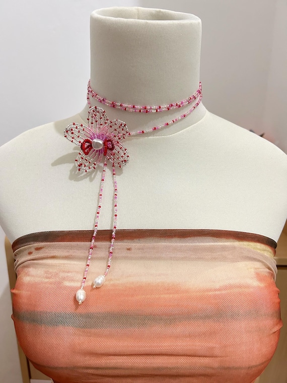 Beaded Orchid Flower Necklace: Handmade Seed Bead Choker Lariat Gift for Her