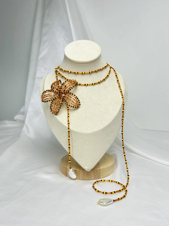 Tiger Lily Flower Beaded Lariat Necklace: Seed Bead Statement Jewelry