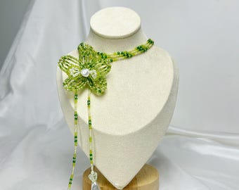 Beaded Necklace Green Orchid Flower: Handmade Boho Seed Bead Lariat Gift for Her