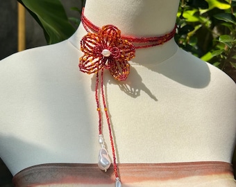 Handmade Beaded Red Orchid Necklace Lariat: Adjustable Bold Seed Bead Choker Jewelry