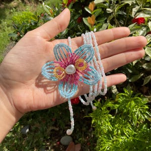 Pink Blue Orchid Beaded Necklace | Handmade Seed Bead Flower Choker | Adjustable Kawaii Lariat Jewelry | Cute Pastel Summer Gift for Her