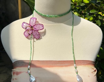 Purple Lily Beaded Flower Necklace: Green Seed Bead Jewelry with Pearl