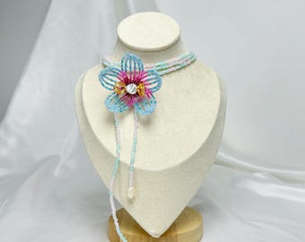 Handmade Beaded Blue Pink Orchid Flower Necklace: Kawaii Seed Bead Choker Jewelry