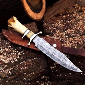 Custom Handmade Damascus Steel Knife, Hunting, Camping, Bush craft Hunting Knife, Bone Handle | Wedding, Birthday & Anniversary Gift for Men