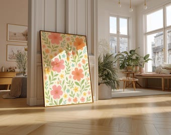 Stampa artistica floreale da parete: fiori di pesca e corallo (download immediato)