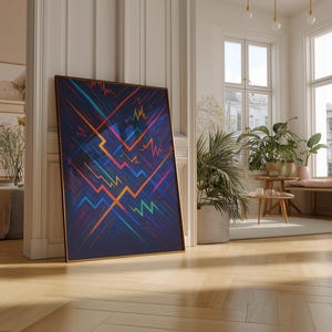 May include: A framed abstract art print featuring a dark blue background with vibrant, colorful lines in shades of orange, teal, and purple. The artwork leans against a white wall in a well-lit room with plants.