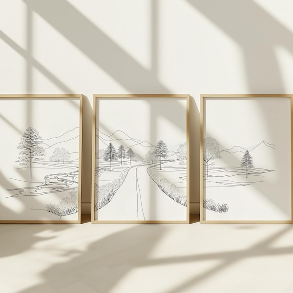 Landscape line art set of 3 — river, road & trees in black ink, minimalist printable