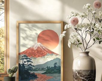 Japandi Mount Fuji Print: Red Sun Minimalist Japanese Landscape (Digital Download PNG)