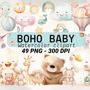 Boho Baby Watercolor Clipart Set: 49 PNG Nursery Graphics (Digital Download)