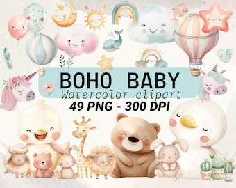 Boho Baby Watercolor Clipart Set: 49 PNG Nursery Graphics (Digital Download)