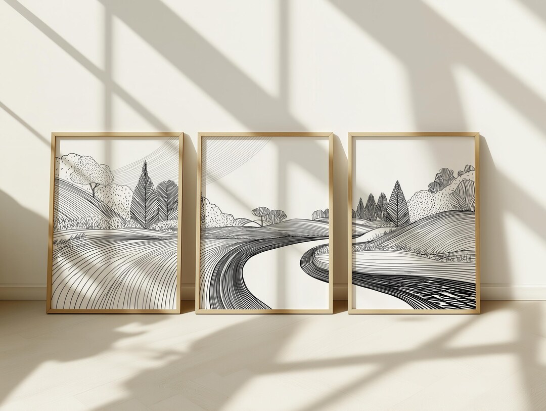 Hills Landscape Line Art Set of 3 — Flowing Field Lines in Black ...
