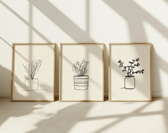 Print Set of 3, Botanical Line Art, Black Ink on Cream, Minimalist Digital Download