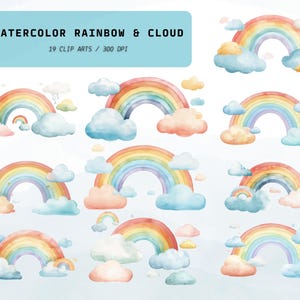 Watercolor Rainbow PNG Clipart Bundle: Pastel Cloud & Star Designs (Digital Download)