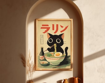 Vintage Ramen Cat Poster: Japanese Kitchen Art (Digital Download)