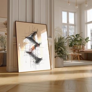 May include: A large framed abstract art print leans against a white wall in a bright room. The artwork features a black and white design with red and orange accents. The room has hardwood floors and several potted plants.