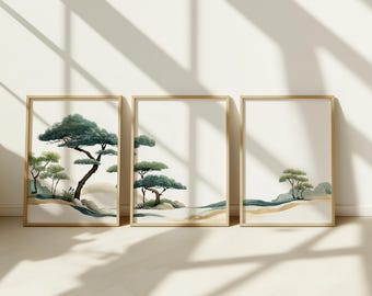 May include: Three framed art prints featuring watercolor landscape scenes. Each print showcases a stylized tree with green foliage and a brown trunk, set against a backdrop of beige and blue tones. The frames are a light wood color.