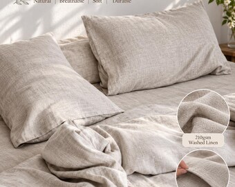 Könnte beinhalten: Ein natürlicher 210 g/m² gewaschener Leinen-Kissenbezug mit weichem Hotelverschluss. Der beigefarbene Stoff hat eine sichtbare Webstruktur. Der Text auf dem Bild lautet: Natural 210gsm Washed Linen Pillowcase, Soft Envelope Pillow Cover, Natural, Breathable, Soft, Durable.