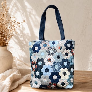 Peut inclure: Un sac fourre-tout matelassé avec un motif floral dans les tons de bleu, blanc et gris. Le sac présente un design patchwork avec des pièces de tissu en forme d'hexagone. Il a des poignées en jean et une forme structurée.